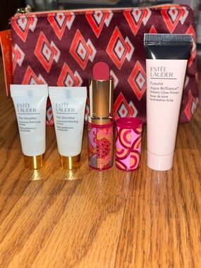 Estee Lauder new Cosmetic Pouch with limited Edition Lipstick + travel items